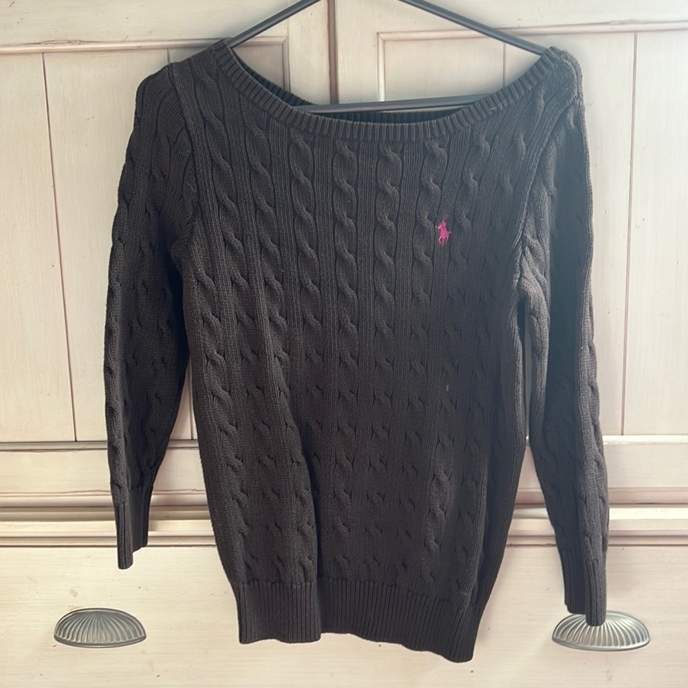 Brown cable knit sweater with pink pony Ralph Lauren